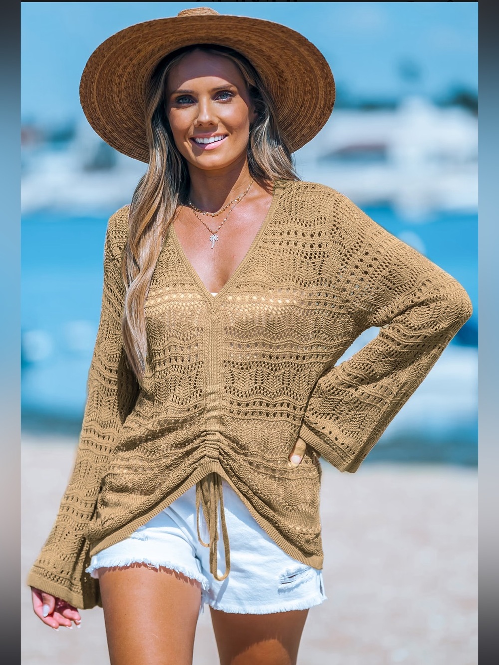 Cupshe Beige Crochet Drawstring Swim Coverup - Picture 11 of 15
